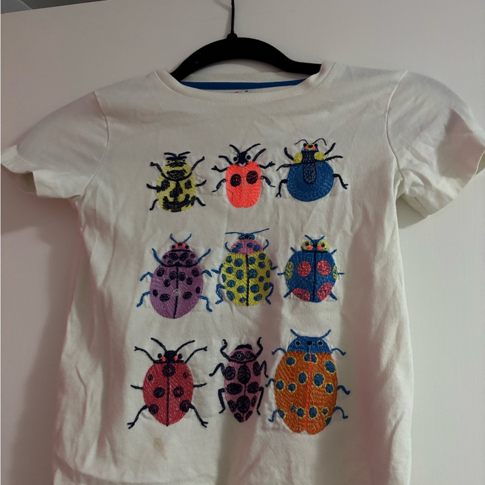 Mini Boden White Tee with Colorful Embroidered Beetles